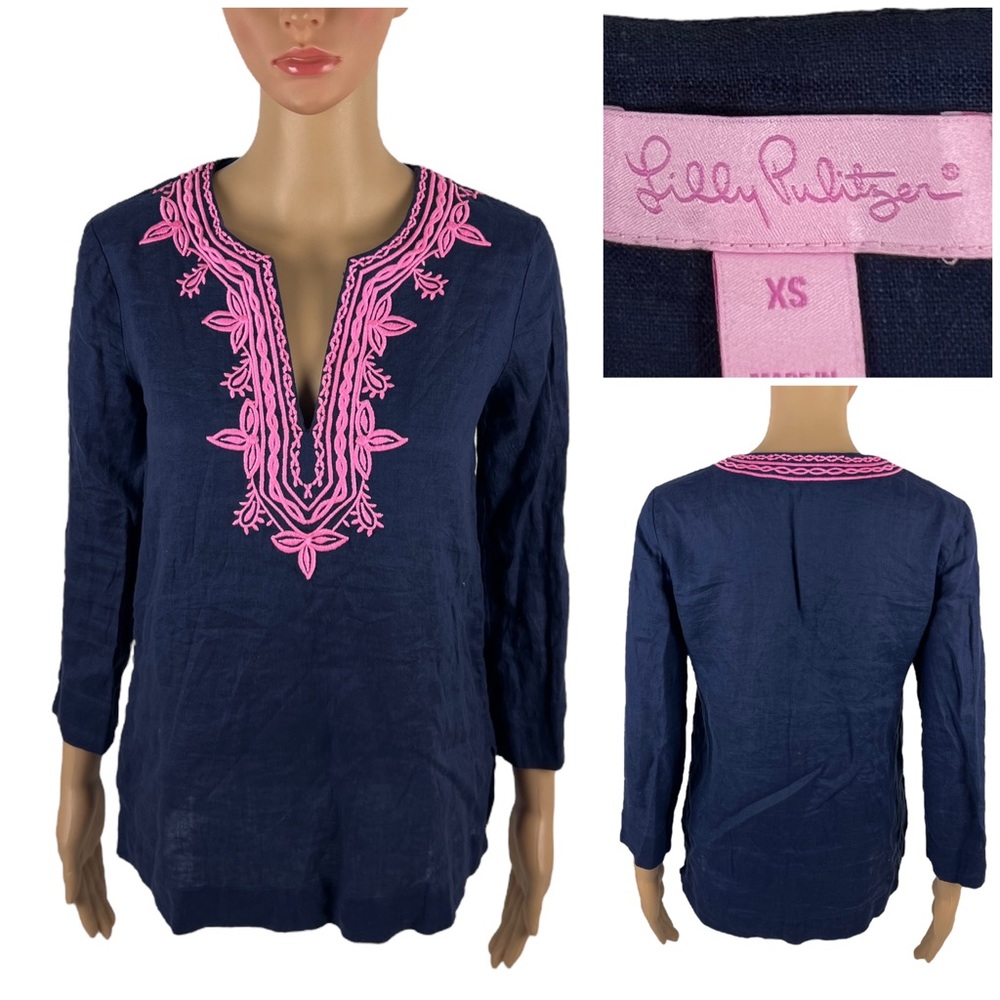 Lilly Pulitzer Womens XS Amelia Island 100% Linen Tunic Top Blue Pink 12759